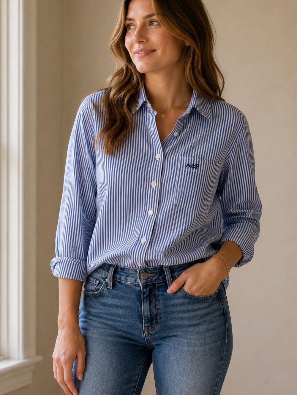 Abercrombie & Fitch Women’s Blue White Striped Button-Up Shirt Size L